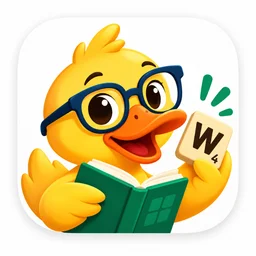 WordDucky mascot reading a book and holding a letter tile